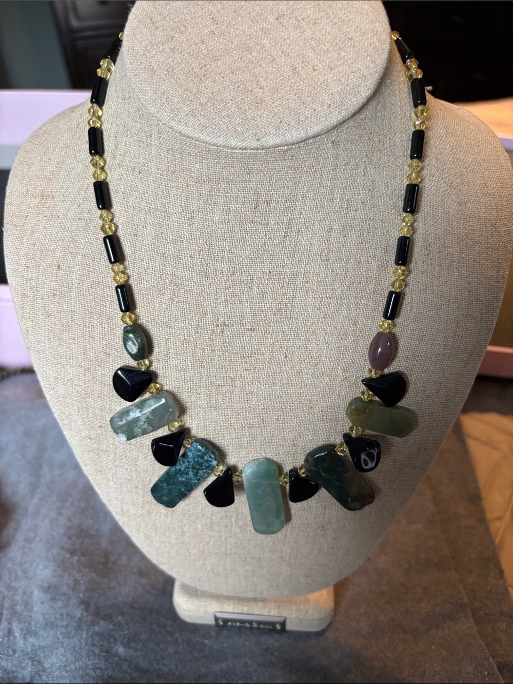 Handcrafted Green Stone & Black Accent Women’s Necklace by